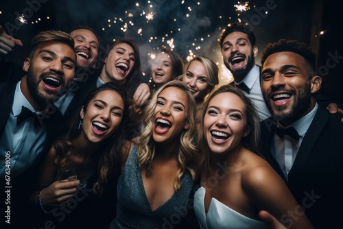 A company of happy young people in evening dresses and suits, smiling posing for camera. Party, graduation for students. Celebrating the new year.
