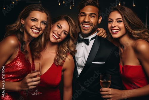 A company of happy young people in evening dresses and suits, smiling posing for camera. Party, graduation for students. Celebrating the new year.