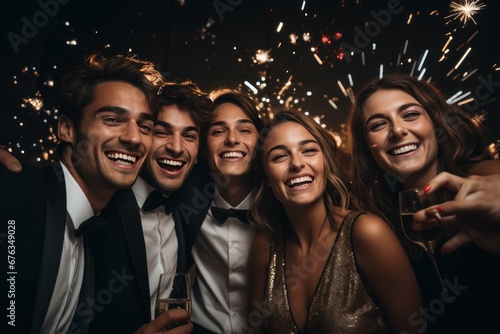 A company of happy young people in evening dresses and suits, smiling posing for camera. Party, graduation for students. Celebrating the new year.