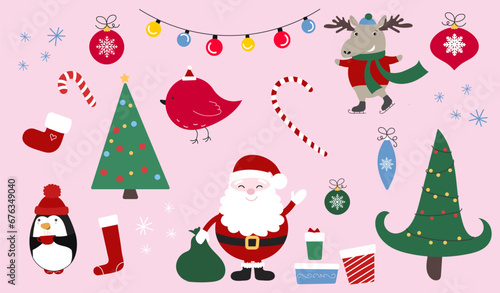 big set of christmas elements. vector illustration of christmas characters and items isolated on pink background. new year holiday winter set with santa  penguin  reindeer  christmas tree  stocking