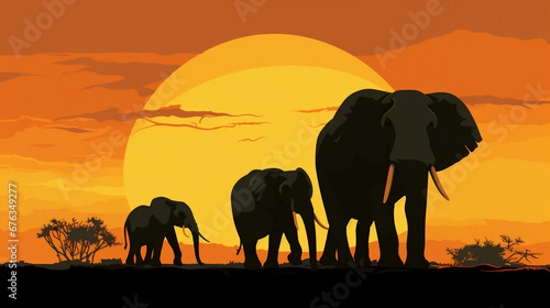 Ilustraci  n de elefantes al amanecer 