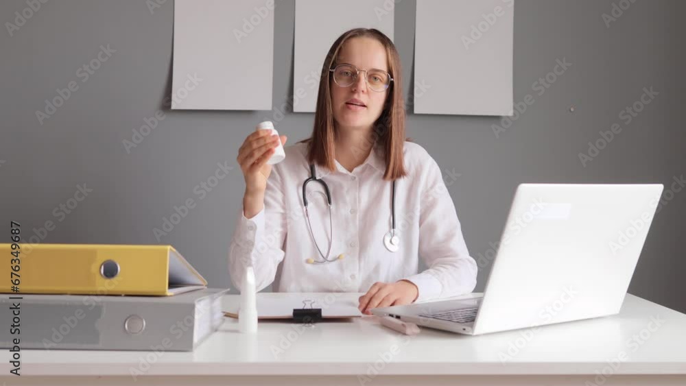 Professional woman doctor with stethoscope wearing white lab coat explaining using medical pills for patient remotely sitting in her office at table with laptop. Professional woman doctor with stethoscope wearing white lab coat explaining using medical pills for patient remotely sitting in her office at table with laptop.
