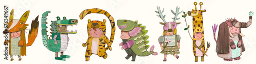 Kids playing as animals. wildlife charector illustration. chidren art. photo