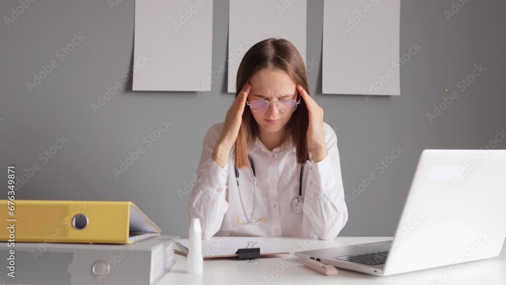 Tired woman doctor with stethoscope wearing white lab coat sitting in