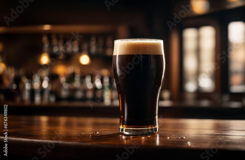 One glass of dark stout beer on bar counter in pub