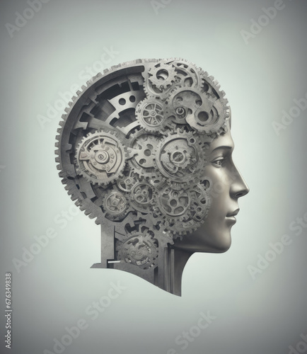 Human head profile with cogs and gears of brain