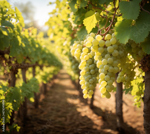 Bunches of white grapes hanging in vineyard