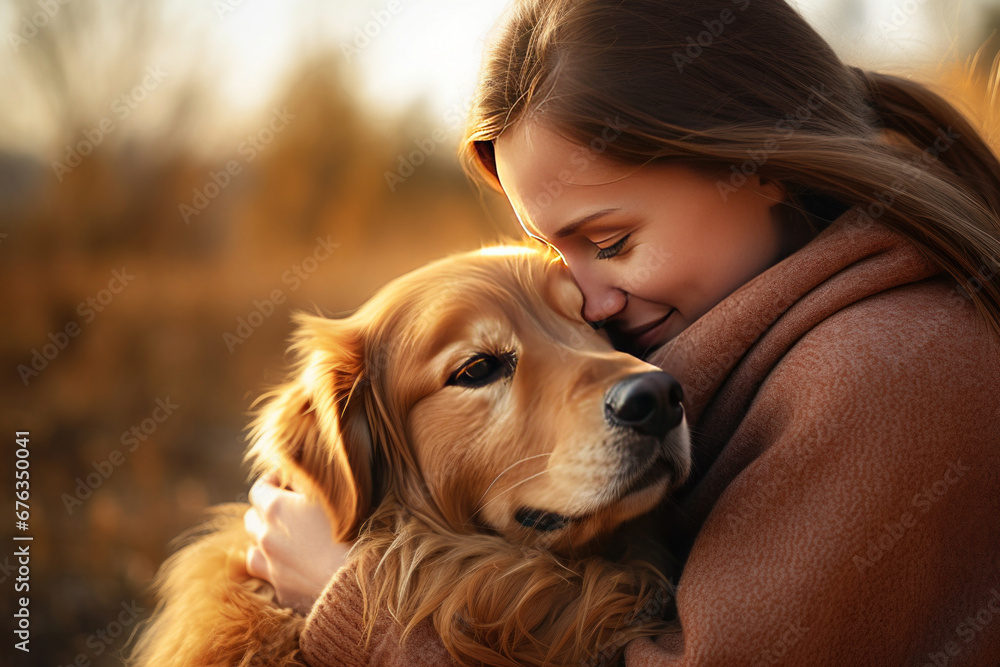 A young woman hugging golden retriever. Dog and woman comforting a distressed friend together.