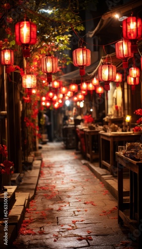 Enchanting chinese new year garden with illuminated lanterns, evoking wonder and enchantment.