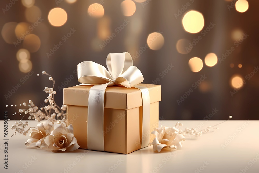 Golden gift box with a bow, wrapped in ribbons of love. Shining single gold box of surprises in the warm glow of a cozy home, perfect for christmas or luxury festive moments background. Generative AI Golden gift box with a bow, wrapped in ribbons of love. Shining single gold box of surprises in the warm glow of a cozy home, perfect for christmas or luxury festive moments background. Generative AI