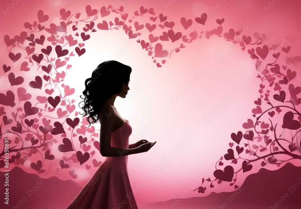 A Serene Moment in the Blushing Pink Garden. A woman in a pink dress standing in front of a heart shaped tree on a pink background. A Serene Moment in the Blushing Pink Garden. A woman in a pink dress standing in front of a heart shaped tree on a pink background.