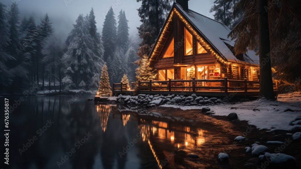 Fototapeta premium Cottage in a winter forest in cabincore style