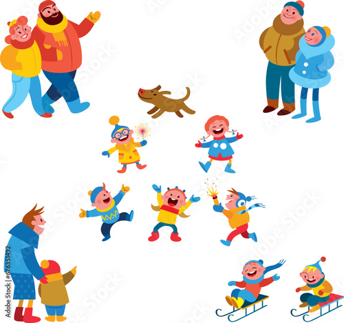 Winter people. Group of cartoon characters dressed in winter clothes, children playing in snow, outdoor activities.