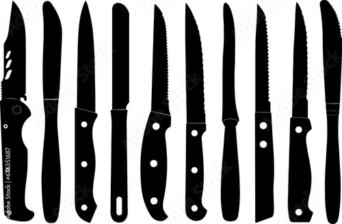 Collection of different kitchen knife illustrations isolated on white