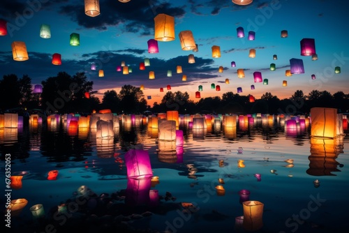 Vibrant chinese lantern floating on river, reflecting colors and blending with natural beauty