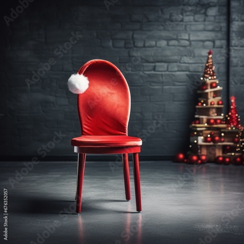 photo concept christmas. minimalistic decorative vintage New Year composition, chair with Santa Claus hat