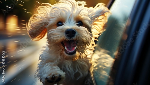 Cute happy dog with head out of car window enjoying high speed ride with motion blurred background