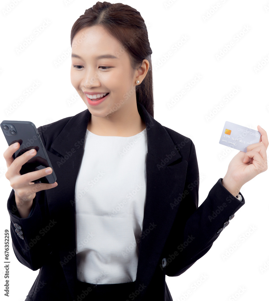 Portrait young asian business woman hold credit card and looking smart phone for shopping online, businesswoman looking debit card and smartphone, financial concept. Portrait young asian business woman hold credit card and looking smart phone for shopping online, businesswoman looking debit card and smartphone, financial concept.