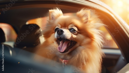 Cute happy dog enjoying car ride with head out of window on motion blurred background