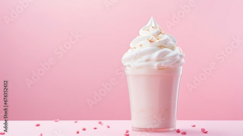 Refreshing Milkshake Drink in glass Cup isolated in pink background.