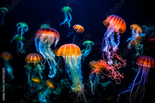 many Jellyfishes with neon glow light effect and colorful corals in the sea © epiximages