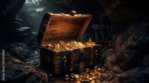 Old treasure chest in cave, generative AI.