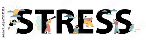 Stress concept. The word stress. Excessive emotional stress. Stress levels are reduced by the concept of problem solving and the pressure of tiny people.