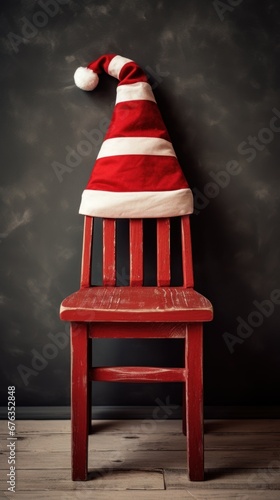 vertical photo concept christmas. minimalistic decorative vintage New Year composition, chair with Santa Claus hat