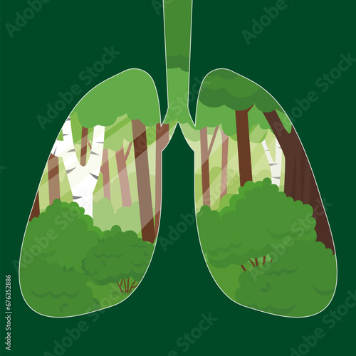 Human lungs with trees. Forest is the lungs of nature. Flat style vector illustration on green background.