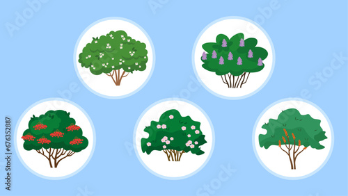 Set of tree icons. Vector illustration in flat style. Isolated on blue background.