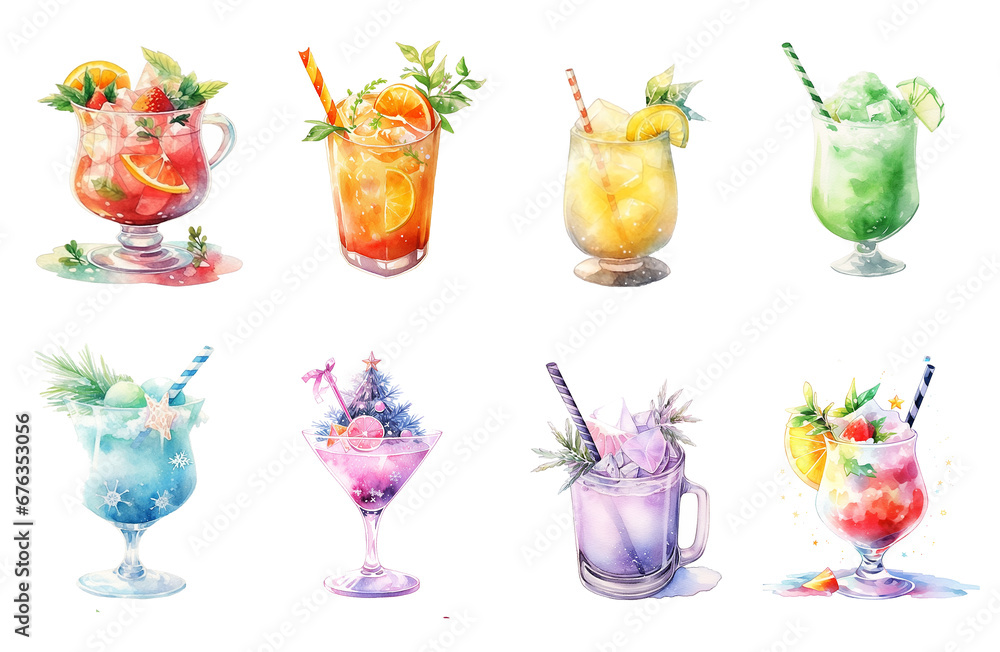 Colorful new year drinks and cocktails, watercolor illustration