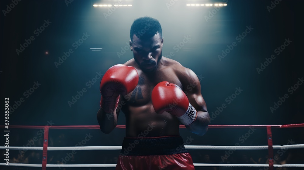 A focused male boxer, with gloves on, is captured in a dynamic boxing stance under the dramatic illumination of stage spotlights, ready for a fight.