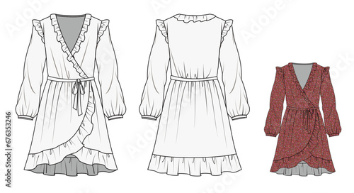 Women's dress, Ruffles, Fashion Flat Sketch Vector Illustration, CAD, Technical Drawing, Flat Drawing, Template, Mockup.