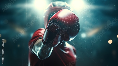 Closeup shot of red boxing gloves with a blurred background, conveying a powerful boxing concept and the intensity of the sport. © TensorSpark