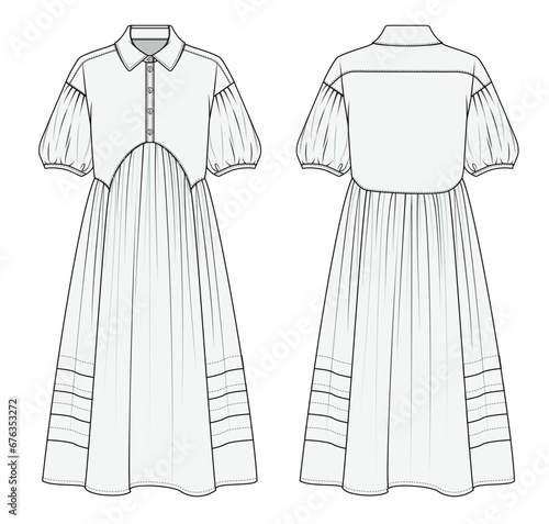 Women's dress, Ruffles, Fashion Flat Sketch Vector Illustration, CAD, Technical Drawing, Flat Drawing, Template, Mockup.