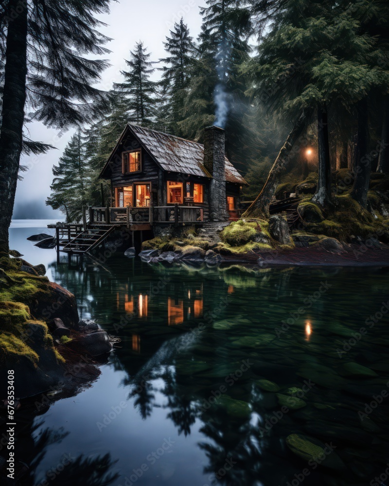 Fototapeta premium Lonely house on the lake in cabincore style by Generative AI
