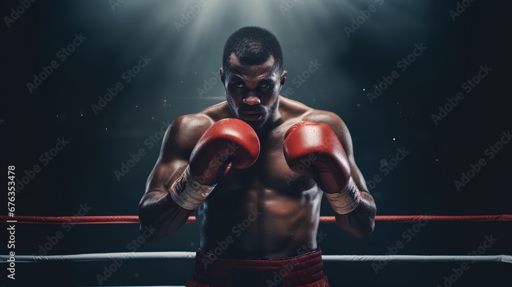 A focused male boxer, with gloves on, is captured in a dynamic boxing stance under the dramatic illumination of stage spotlights, ready for a fight. - obrazy, fototapety, plakaty 