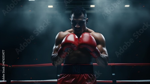 A focused male boxer, with gloves on, is captured in a dynamic boxing stance under the dramatic illumination of stage spotlights, ready for a fight. © TensorSpark
