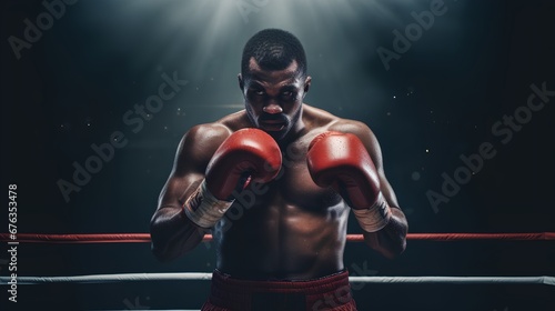 A focused male boxer, with gloves on, is captured in a dynamic boxing stance under the dramatic illumination of stage spotlights, ready for a fight. photo