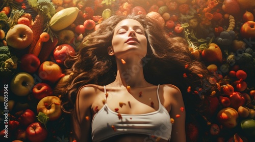 A serene woman lies amidst an array of colorful, fresh fruits, symbolizing a holistic health lifestyle, with a closeup on her relaxed, content face.