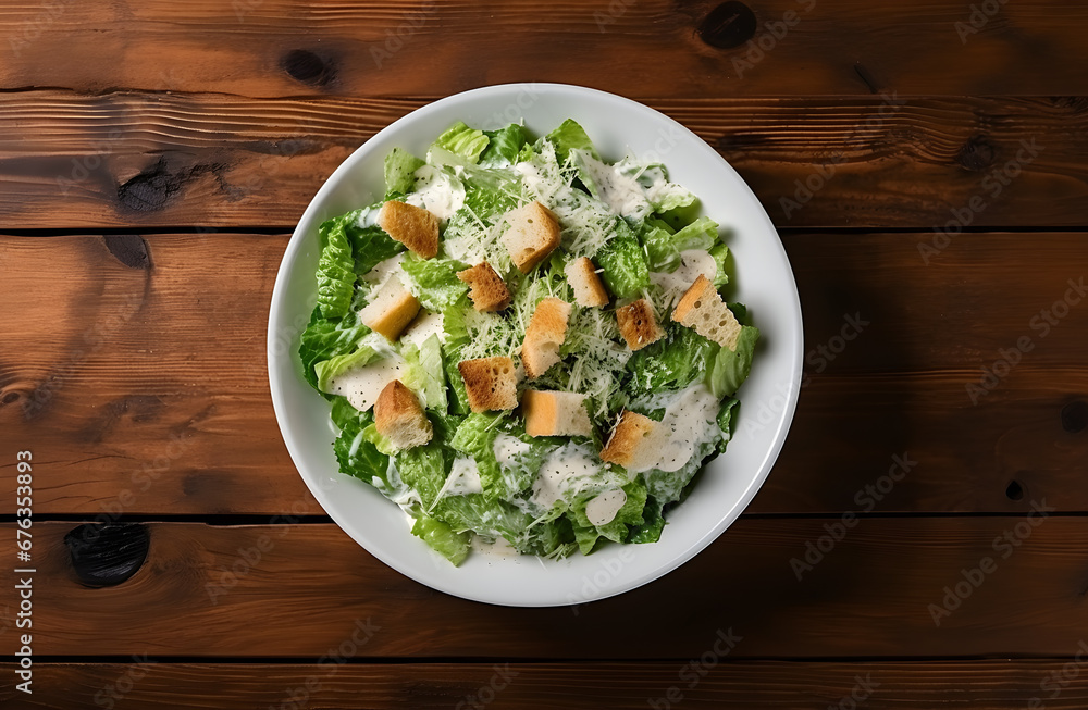 Caesar salad with grilled chicken meat, lettuce and cheese, shot from the top on the wooden table background - obrazy, fototapety, plakaty 