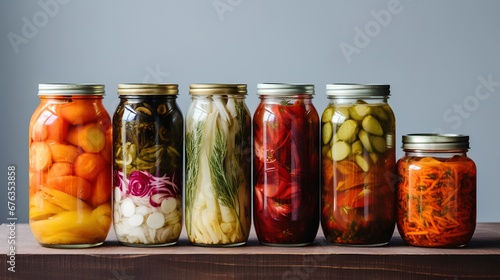 A vibrant collection of assorted fermented foods displayed in clear glass jars, featuring a colorful array of textures and hues from vegetables and fruits, symbolizing healthy probiotic rich cuisine. photo