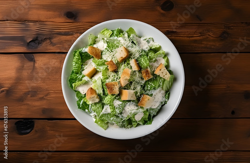 Caesar salad with grilled chicken meat, lettuce and cheese, shot from the top on the wooden table background photo