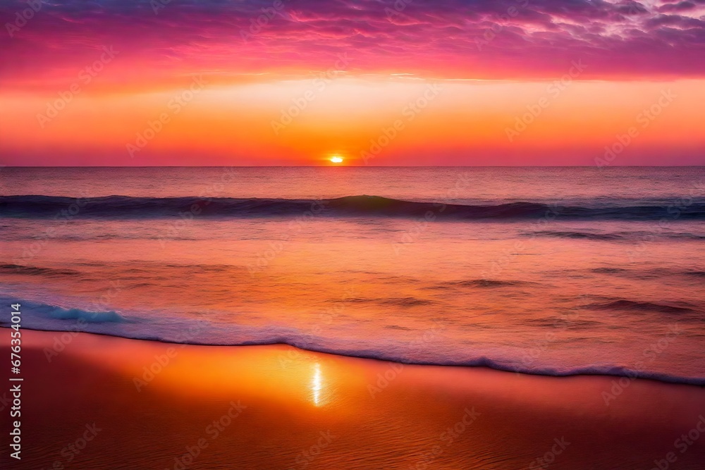 Photo of sunset over a calm ocean, with hues of orange, pink, and purple painting the sky