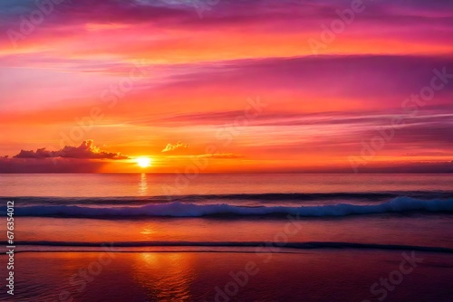 Photo of sunset over a calm ocean, with hues of orange, pink, and purple painting the sky © usman
