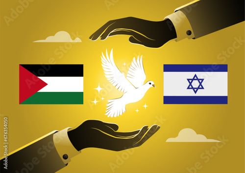 Two hands hold a dove with Israel and palestine flags