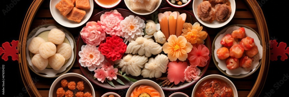 Artistic arrangement of colorful chinese new year dumplings highlighting symbolism and variety - obrazy, fototapety, plakaty 