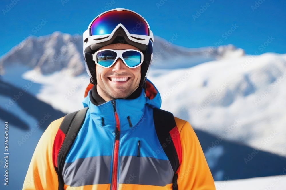 Portrait of a male skier on the mountain in sunny day. Generative AI Portrait of a male skier on the mountain in sunny day. Generative AI