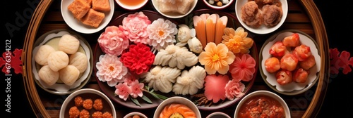 Artistic arrangement of colorful chinese new year dumplings highlighting symbolism and variety photo