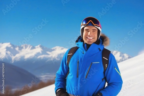 Portrait of a male skier on the mountain in sunny day. Generative AI